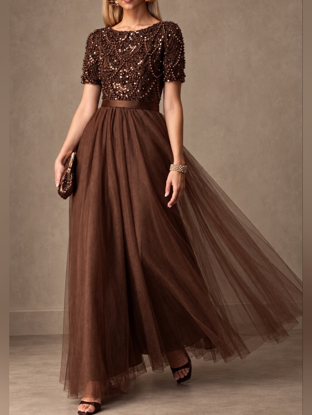 New Luxe Beaded Sequin Tulle Maxi Dress Short Sleeve Brown